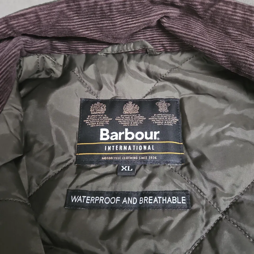 BARBOUR INTERNATIONAL OLIVE WAXED JACKET – XL – WATERPROOF & BREATHABLE