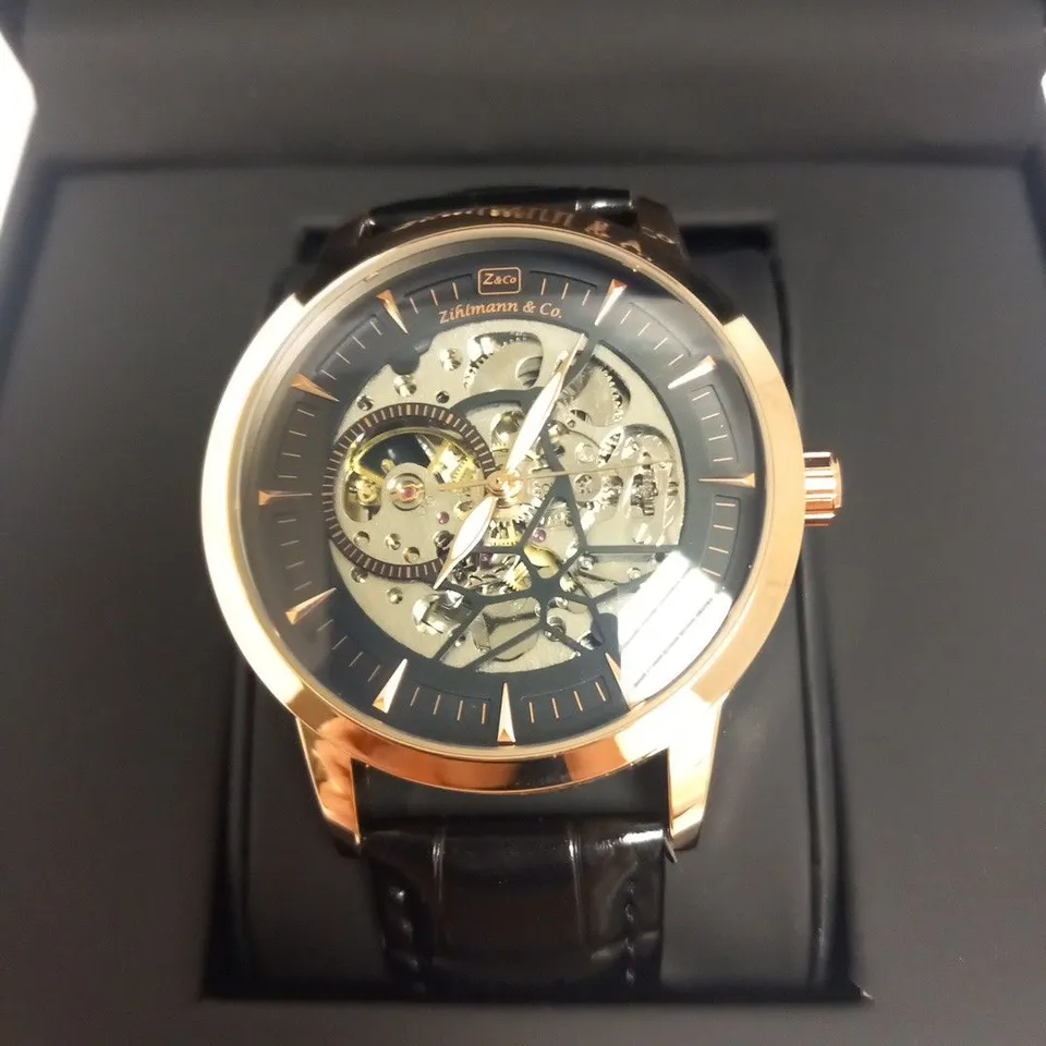 MENS ZIHLMANN & CO AUTOMATIC WATCH - Z210 – SKELETON DIAL – GOLD COLOUR CASE – GENUINE LEATHER CASE – HAND ASSEMBLED – RRP £520 