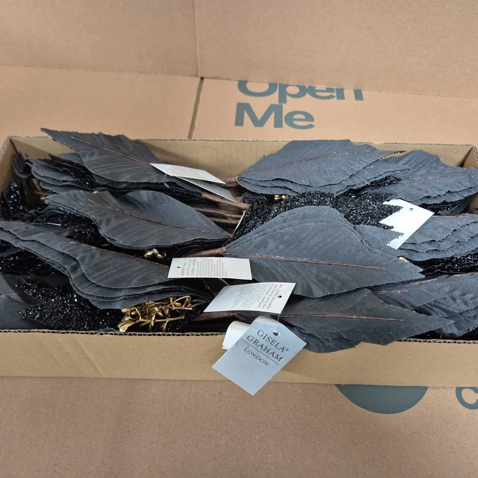 BOX OF APPROX 24 GISELA GRAHAM BLACK GLITTER POINSETTIA PICK