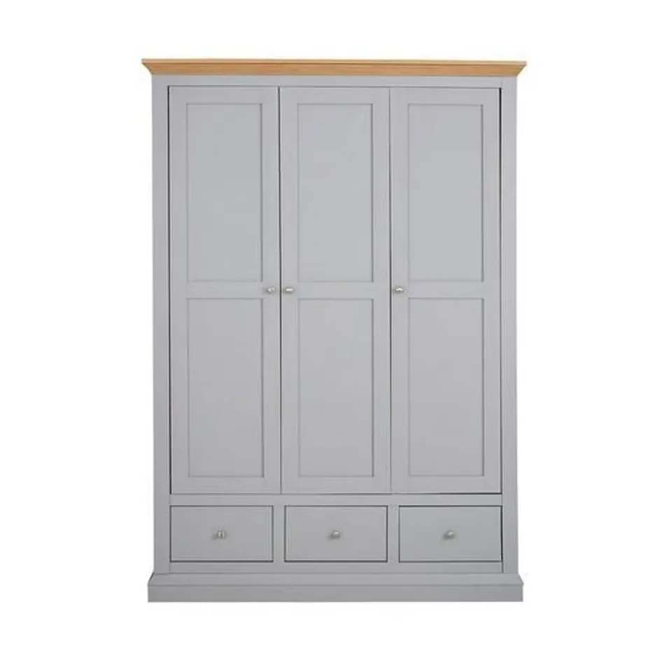 BOXED GRADE 1 HANNA GREY/OAK-EFFECT 3-DOOR 3-DRAWER WARDROBE (3 OF 3 BOXES)