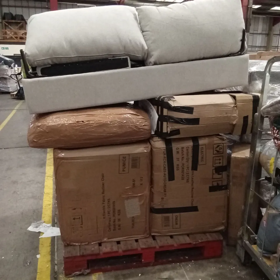 PALLET OF ASSORTED DESIGNER SOFA AND CHAIR PARTS AND PIECES