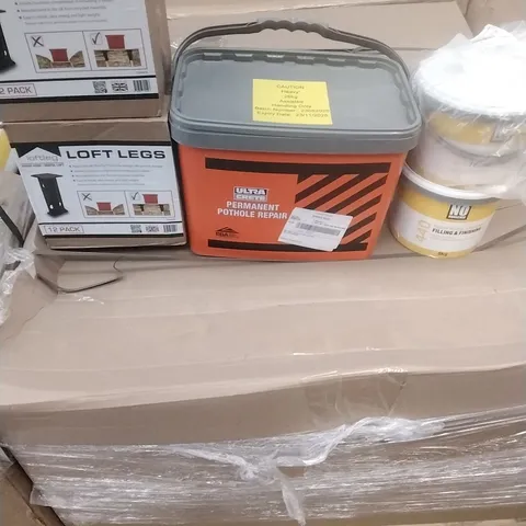 PALLET OF ASSORTED DIY, HOME IMPROVEMENT AND BUILDING PRODUCTS TO INCLUDE; LOFT LEGS, PERMANENT POT HOLE REPAIR, READY MIXED JOINTING, WALL PANELLING ETC
