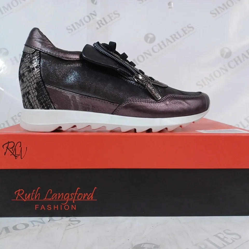 BOXED PAIR RUTH LANGSFORD WEDGE TRAINER - PEWTER LEATHER - EU SIZE 37