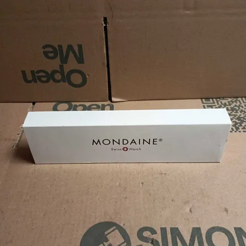 MONDAINE SWISS WATCH – WHITE DIAL, BLACK LEATHER STRAP, BOXED