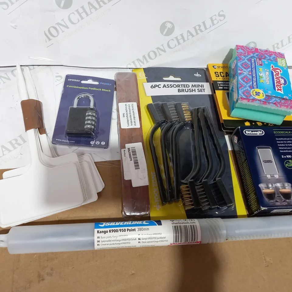 BOX OF ASSORTED HOUSEHOLD ITEMS TOO INCLUDE WIPES AND TOOLS 