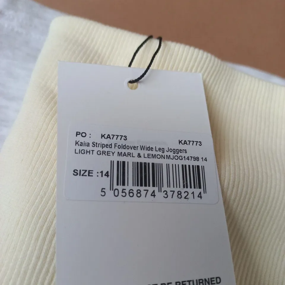 KAIIA STRIPED FOLDOVER WIDE-LEG JOGGERS – LIGHT GREY MARL & LEMON, UK SIZE 14