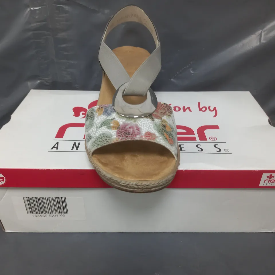 BOXED PAIR OF RIEKER WEDGE SANDALS IN MULTI SIZE 6