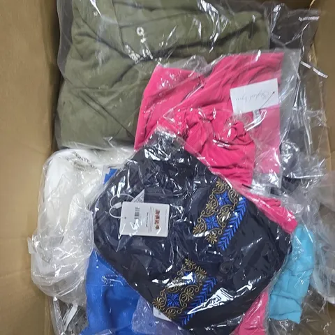LARGE BOX OF ASSORTED CLOTHING ITEMS IN VARIOUS COLORS , SIZES AND STYLES