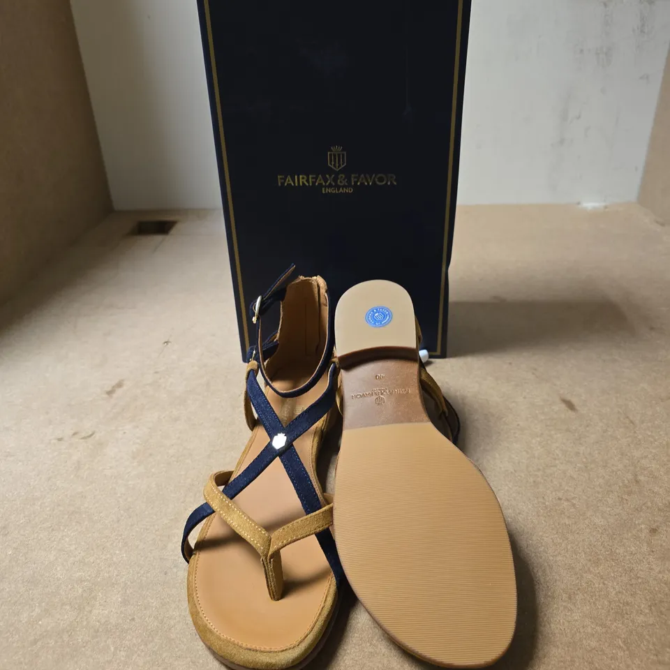 FAIRFAX & FAVOR LEATHER SANDALS – TAN SUEDE WITH NAVY STRAPS - UK SIZE 7