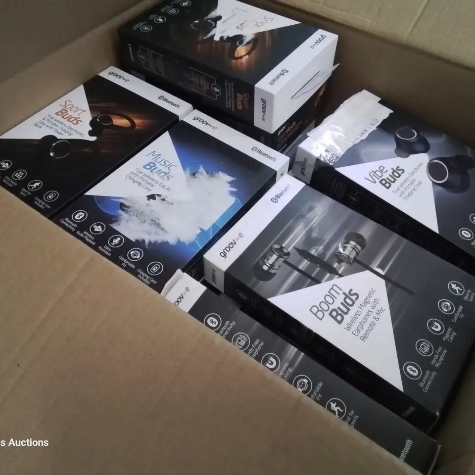 CASE OF APPROXIMATELY 38 SETS OF EAR BUDS, INCLUDING, 16 × SPORTS, 10 × VIBE, 5 × MUSIC & 7 × BOOM