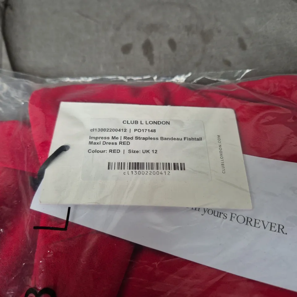 CLUB L LONDON RED STRAPLESS BANDEAU FISHTAIL MAXI DRESS – UK 12