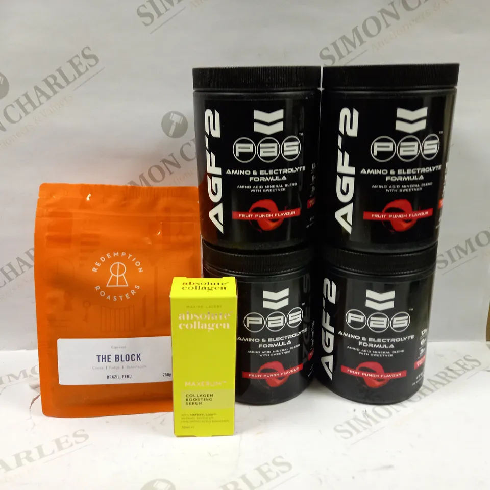 LOT OF APPROXIMATELY 5 SUPPLEMENTS AND COFFEE TO INCLUDE 4 AGF-2 FRUIT PUNCH FLAVOUR, REDEMPTION ROASTERS ESPRESSO THE BLOCK