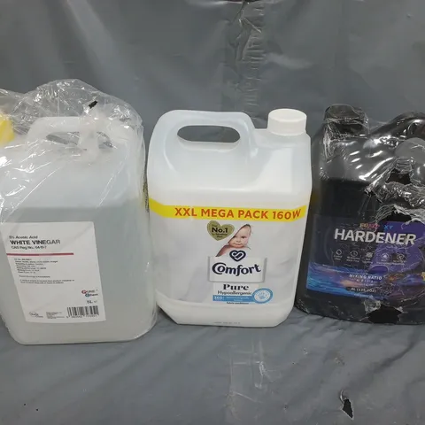 3 ASSORTED LIQUIDS TO INCLUDE HARDENER, WHITE VINEGAR, FABRIC CONDITIONER - COLLECTION ONLY