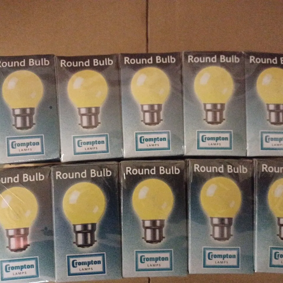 LOT OF 20 BRAND NEW CROMPTON LAMPS COLOURGLAZED 45MM ROUND BULB 15W YELLOW ROU15YBC-GLZ