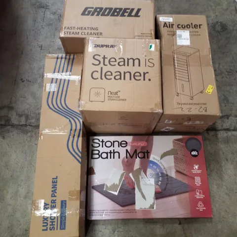 PALLET CONTAINING ASSORTED PRODUCTS INCLUDING STONE BATH MAT, SHOWER PANEL, MULTI-USE STEAM CLEANER & AIR COOLER 