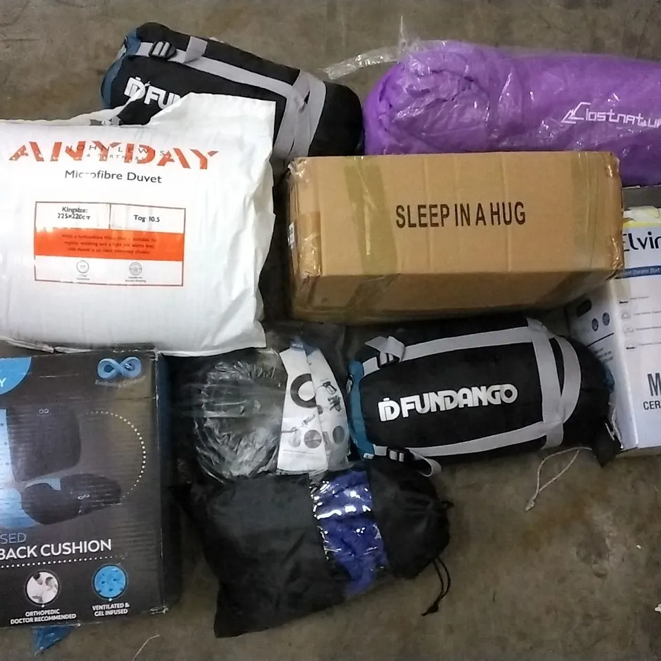 PALLET OF ASSORTED ITEMS INCLUDING INFINITE GEL INFUSED SEAT & BACK CUSHION, SLEEP IN A HUG WEIGHTED BLANKET, JOHN LEWIS MICROFIBRE DUVET, FANDANGO SLEEPING BAG, ELVIROS MEMORY FOAM CERVICAL PILLOW