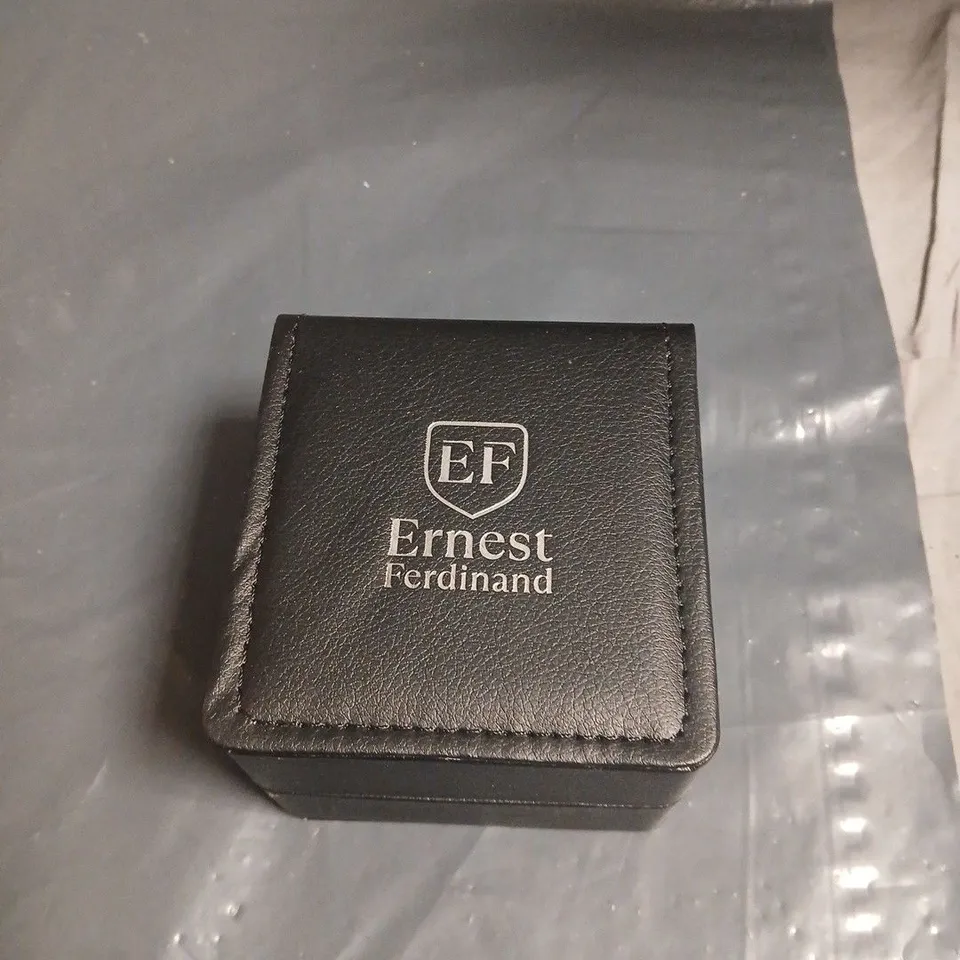 ERNEST FERDINAND MEN’S QUARTZ WRISTWATCH – BLACK DIAL, LEATHER STRAP, BOXED