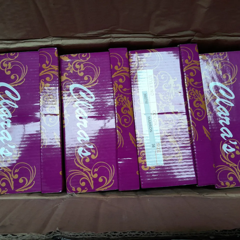 BOX OF APPROX 11 CLARA'S MARRON OPEN TOP HIGH HEELS VARIOUS SIZES 