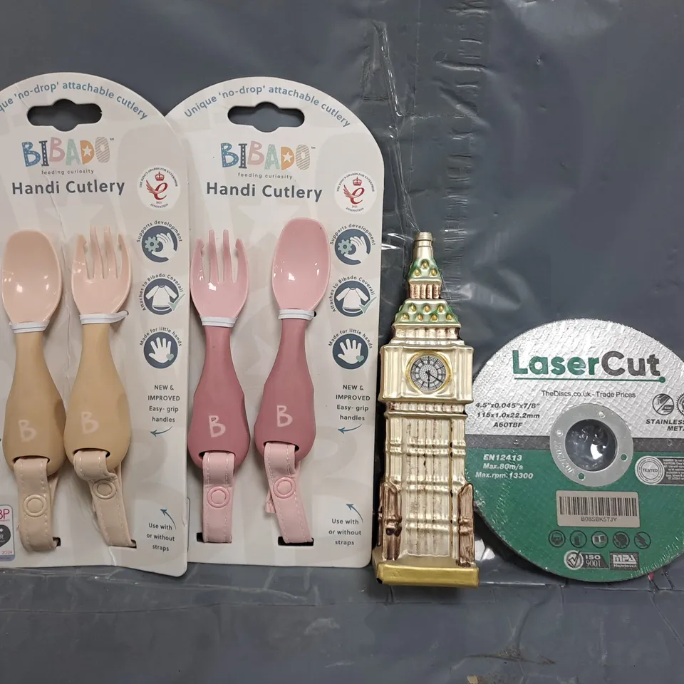 APPROXIMATELY 10 ASSORTED HOUSEHOLD ITEMS TO INCLUDE LASER CUT DISCS, BIBADO HANDI CUTLERY, ETC