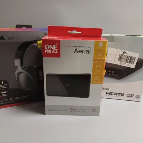 APPROXIMATELY 20 ASSORTED TECH PRODUCTS TO INCLUDE GAMING HEADSET, DVD PLAYER, HDTV INDOOR AERIAL