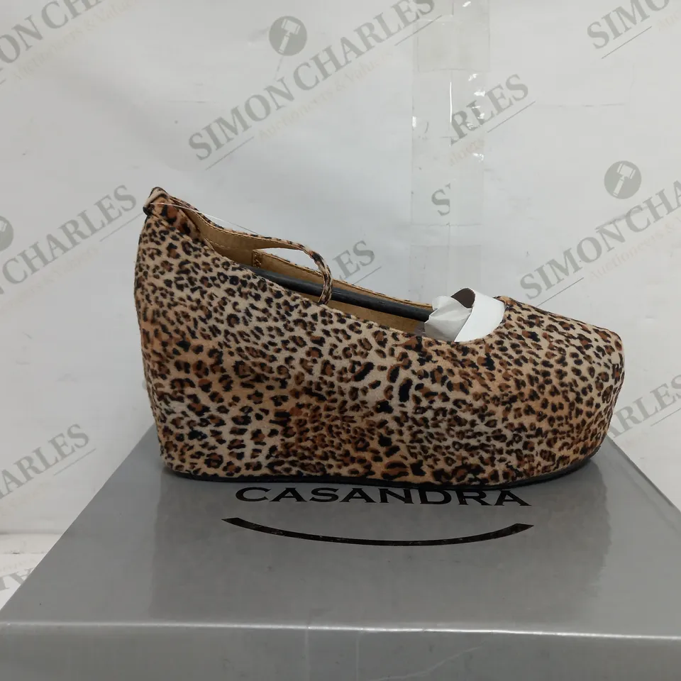 APPROXIMATELY 14 BOXED PAIR OF CASANDRA WEDGE SHOES IN LEOPARD SUEDE TO INCLUDE SIZES 3, 4, 5, 6 