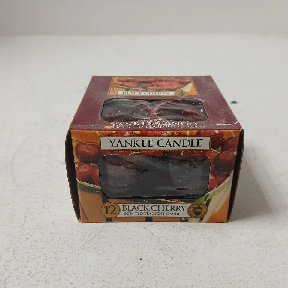 BOX OF APPROX 15 YANKEE CANDLE BLACK CHERRY SCENTED TEA LIGHT CANDLES – (12 PER BOX)