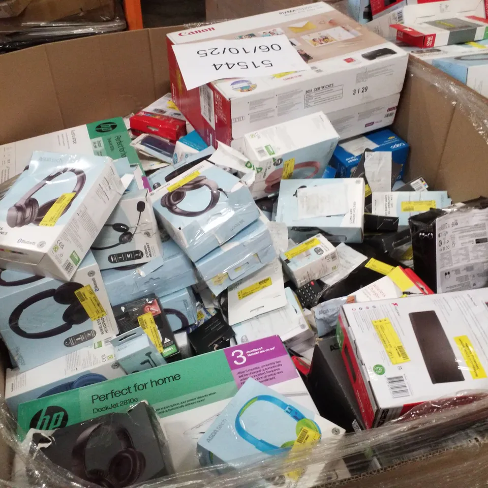 PALLET CONTAINING ASSORTED ELECTRICAL PRODUCTS INCLUDING BLUETOOTH BOOKSHELF SPEAKERS, CANON PIXMA TS3350 PRINTER, HP DESKJET 2810E PRINTER, AERIAL, BLUETOOTH CD BOOMBOX & KEYBOARD AND MOUSE COMBO SET