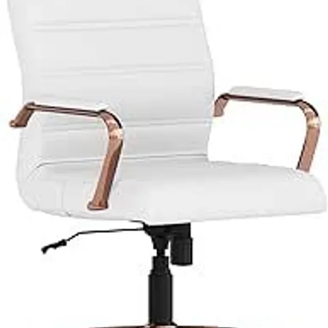 BOXED FLASH FURNITURE GO-2286H-WH-RSGLD-GG HIGH-BACK WHITE LEATHER SWIVEL OFFICE CHAIR WITH ROSE GOLD BASE AND ARMS