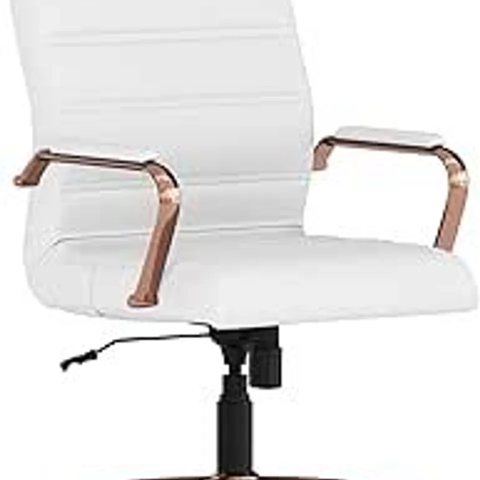 BOXED FLASH FURNITURE GO-2286H-WH-RSGLD-GG HIGH-BACK WHITE LEATHER SWIVEL OFFICE CHAIR WITH ROSE GOLD BASE AND ARMS