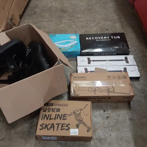 PALLET OF ASSORTED ITEMS INCLUDING:  INLINE SKATES, WOODEN PET SOFA, GAMING CHAIR, INFLATABLE POOL, RECOVERY TUB, PULL-UP BARS ECT