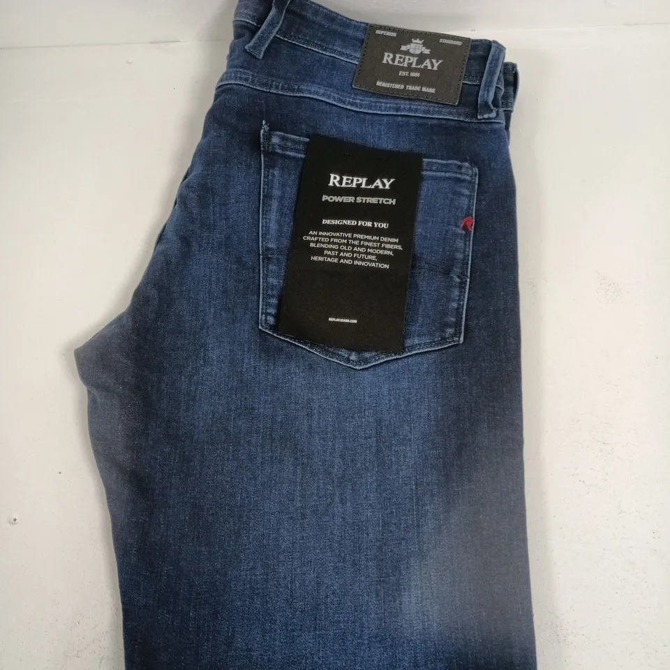REPLAY POWER STRETCH JEANS, DARK BLUE DENIM – MEN'S - SIZE W36 L32