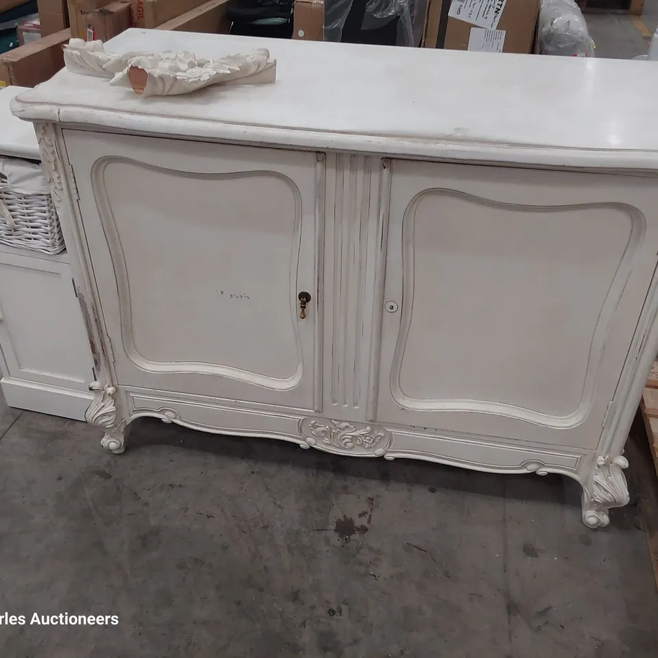 FRENCH STYLE DISTRESSED WHITE OPEN SHELF DISPLAY UNIT  & DOUBLE DOOR CUPBOARD & WHITE BEDSIDE CABINET 