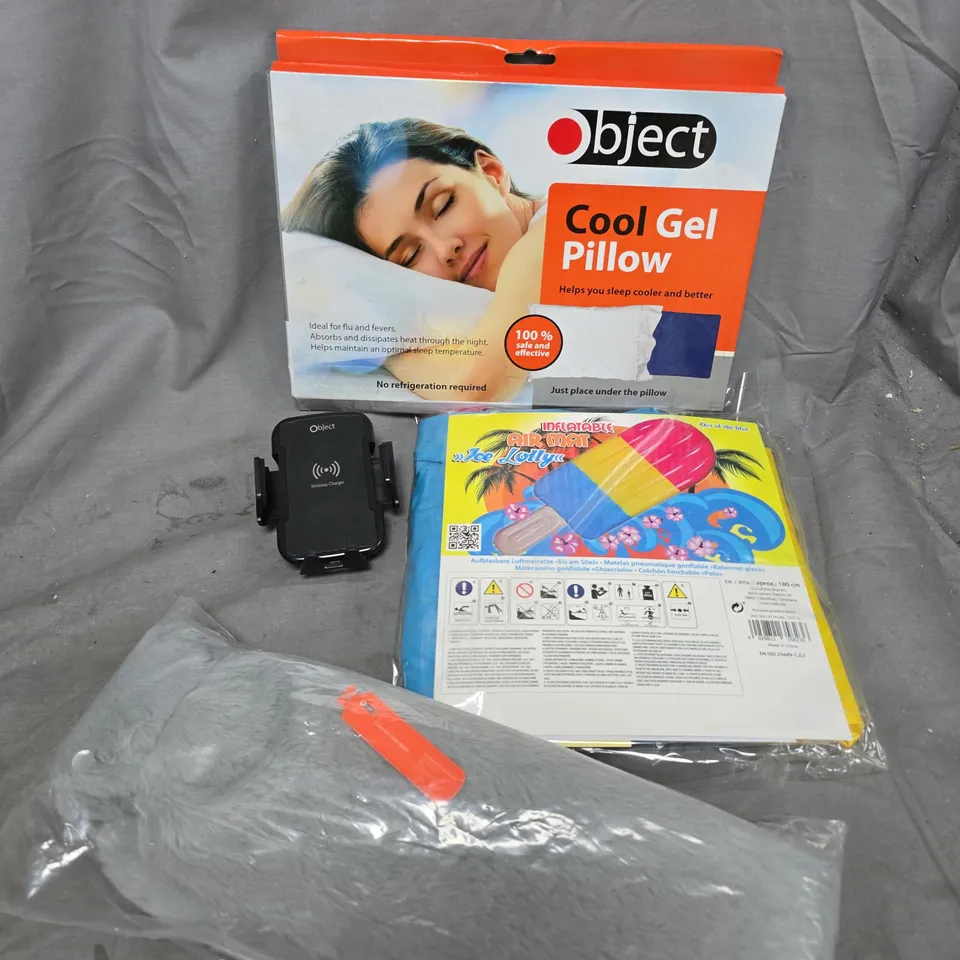 APPROXIMATELY 8 ASSORTED HOUSEHOLD PRODUCTS TO INCLUDE INFLATABLE AIR MAT, COOL GEL PILLOW, PHONE HOLDER ETC 