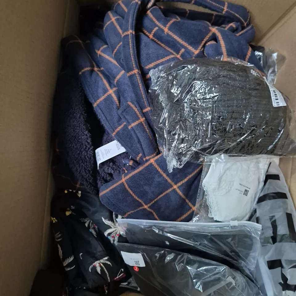 LARGE BOX OF ASSORTED CLOTHING ITEMS IN VARIOUS STYLES, SIZES AND COLOURS