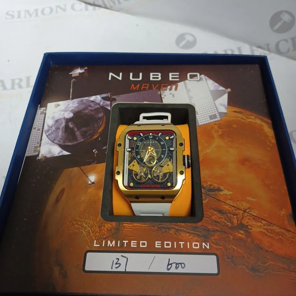 BOXED NUBEO LIMITED EDITION WHITE SILICONE STRAP 137/600 WATCH WITH NUSOUND WIRELESS EAR BUDS