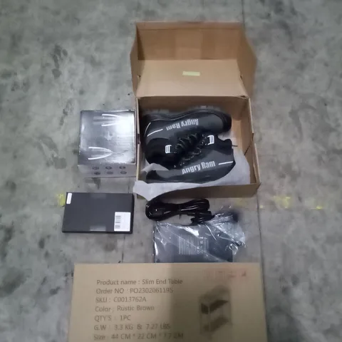 PALLET OF ASSORTED ITEMS INCLUDING SAFETY BOOTS. , SLIM END TABLES , COMPUTER LEADS ,ETC