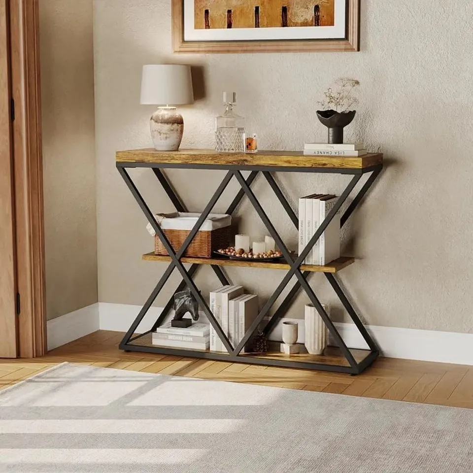 BOXED GARVEE FARMHOUSE 3-TIER CONSOLE TABLE IN X-SHAPED DESIGN WITH OPEN SHELVES FOR ENTRYWAY AND HALLWAY, RUSTIC BROWN