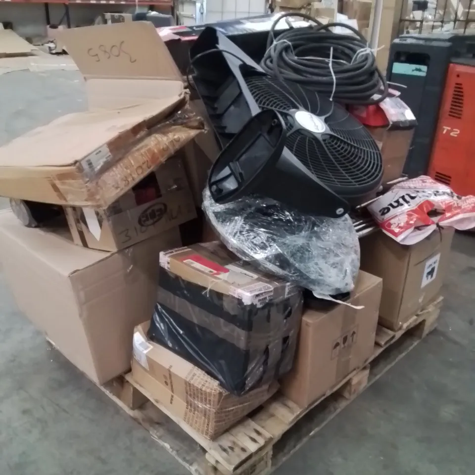PALLET OF ASSORTED ITEMS TO INCLUDE;FAN,CLARKE 1HP SINGLE PHASE 2-POLE MOTOR,BATTERY CHARGER,EXTENSION BELT SYSTEM 