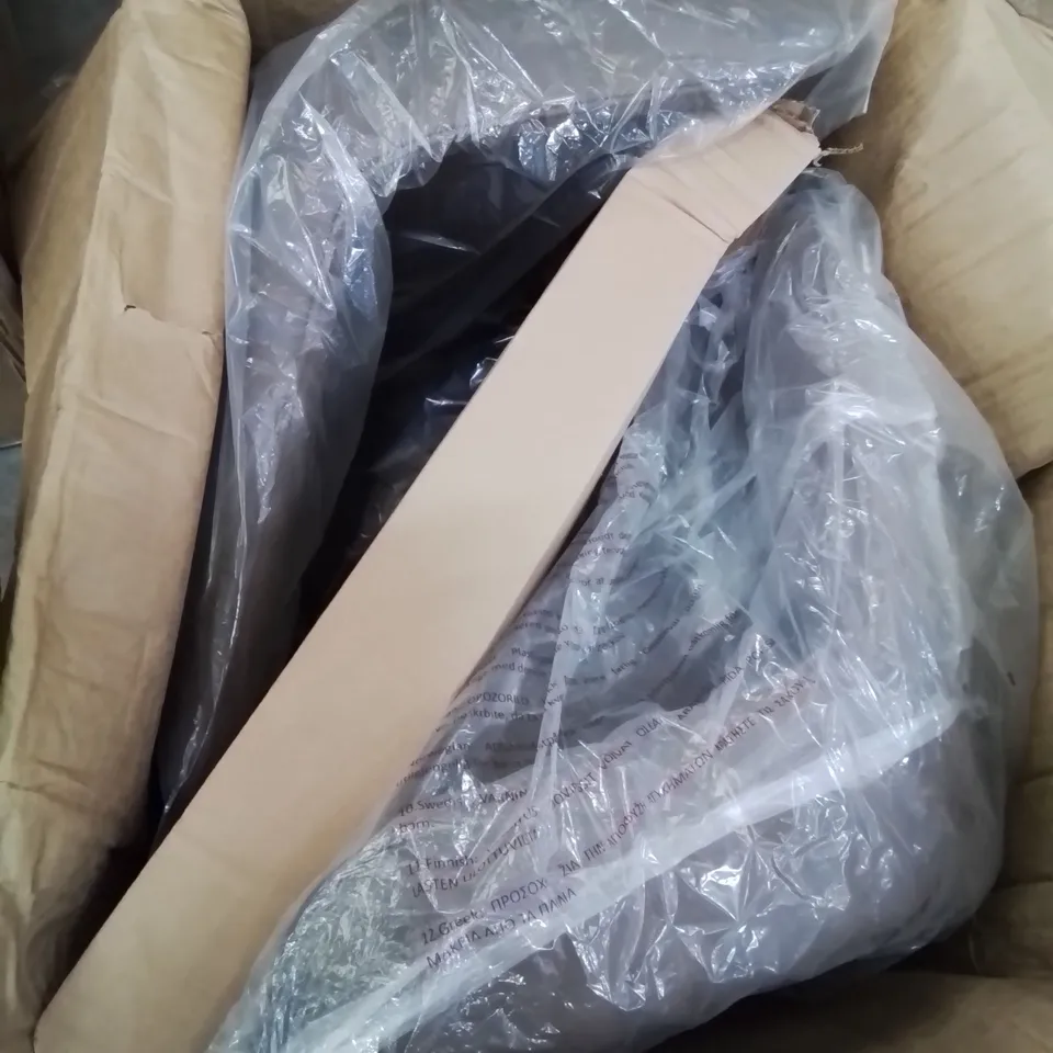 A BOXED PAIR OF BROWN HIGH BACK FAUX LEATHER UPHOLSTERED DINING CHAIRS 