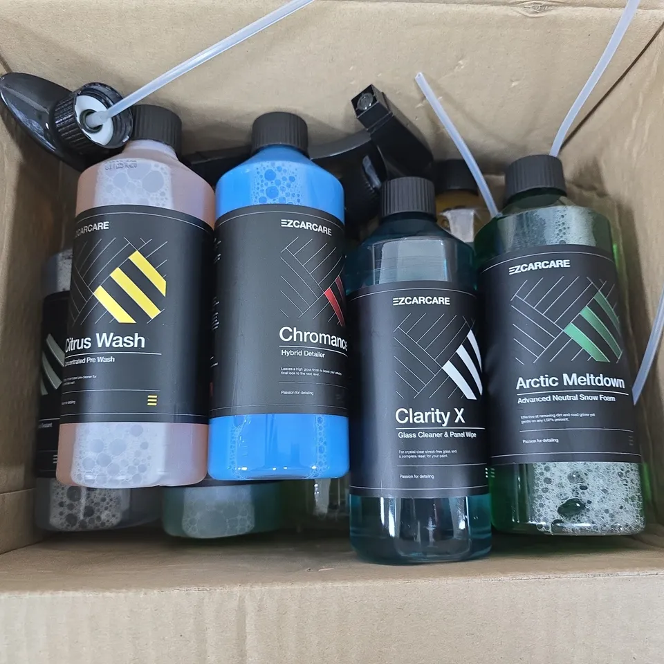 EZ Car Care Citrus Wash; Chromance Hybrid Detailer; Clarity X Glass Cleaner & Panel Wipe; Arctic Meltdown Snow Foam – 4 Bottle Set