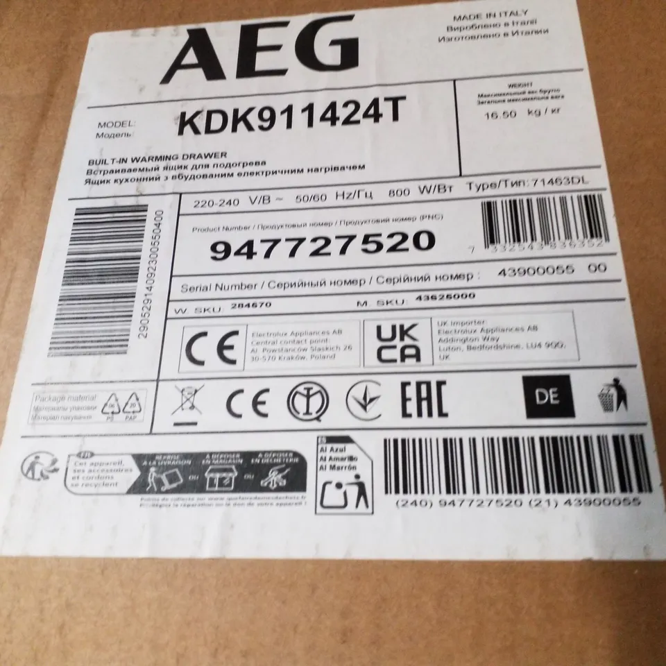 BOXED AEG KDK911424T WARMING DRAWER