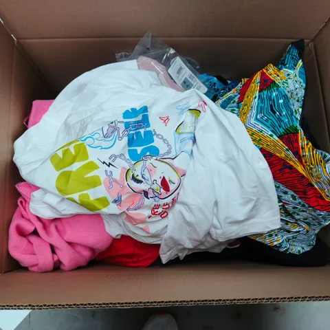 LARGE BOX OF APPROXIMATELY 25 ASSORTED CLOTHING ITEMS IN VARIOUS COLOURS, STYLES AND SIZES - COLLECTION ONLY