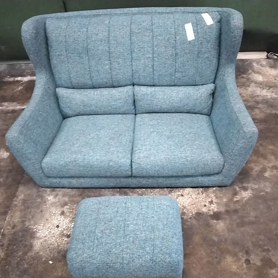 QUALITY DESIGNER REBECCA SMALL SOFA IN PIERO EDGEROW WITH LIGHTWOOD AND FOOTSTOOL