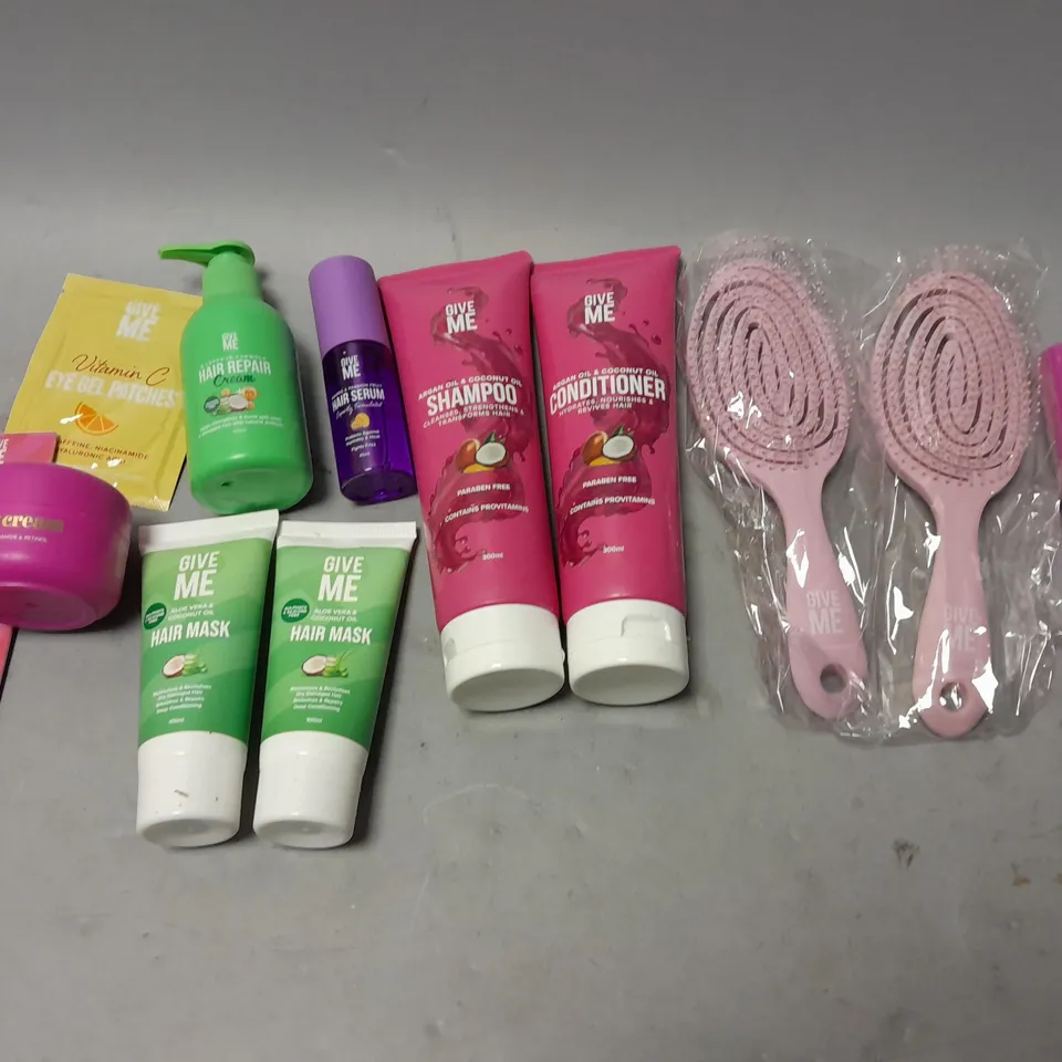 BOX OF APPROXIMATELY 15 COSMETIC ITEMS FROM GIVE ME TO INCLUDE FACE SERUM, SHAMPOO, HAIR SERUM, AND HAIR MASK ETC. 