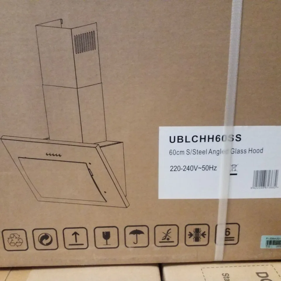 BOXED 60CM STAINLESS STEEL ANGLED GLASS COOKER HOOD 