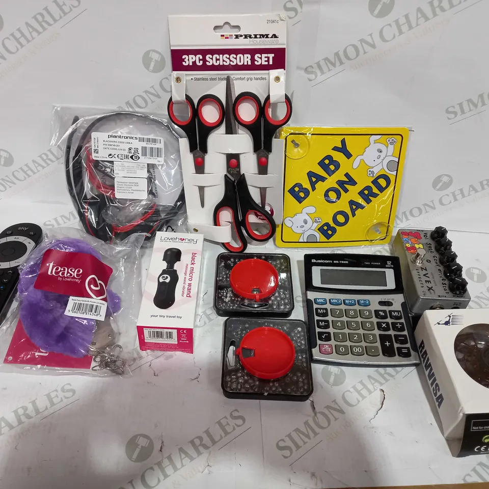 BOX TO CONTAIN APPROX 25 ASSORTED HOUSEHOLD PRODUCTS, INCLUDES LOVE HONEY MICRO WAND, SCISSORS, HANDCUFFS, HEADSET, CALCULATOR ETC 