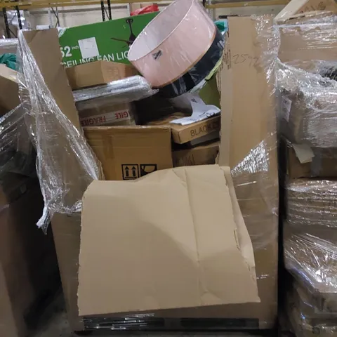 PALLET TO CONTAIN ASSORTED HOUSEHOLD ITEMS AND CONSUMER PRODUCTS. INCLUDING CEILING FAN LIGHT, CONVECTION HEATER, HEATER UNDER BLANKET, BOXED FURNITURE ETC