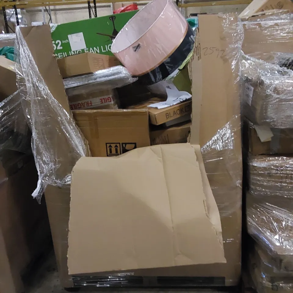 PALLET TO CONTAIN ASSORTED HOUSEHOLD ITEMS AND CONSUMER PRODUCTS. INCLUDING CEILING FAN LIGHT, CONVECTION HEATER, HEATER UNDER BLANKET, BOXED FURNITURE ETC