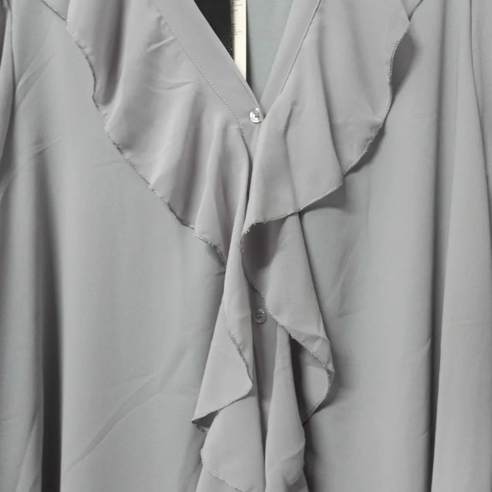 KURT MULLER WOMAN RUFFLE V-NECK LONG SLEEVE MIDI DRESS IN GREY - SIZE UNSPECIFIED
