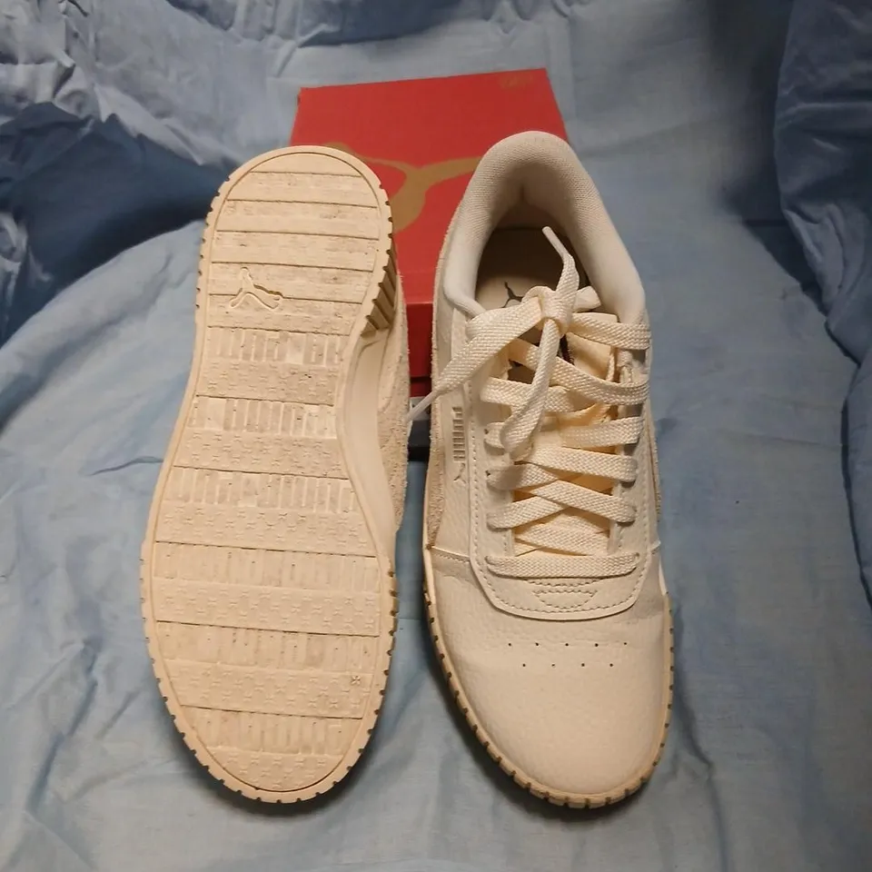 PUMA WOMEN'S SHOES – WHITE/BEIGE LEATHER TRAINERS WITH LEOPARD HEEL PATCH, UK 5 (EU 38)